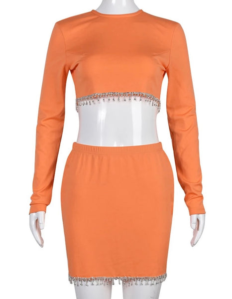 Women Sexy Orange Bling Tassel Full Sleeve Crop Two Piece Skirt Set