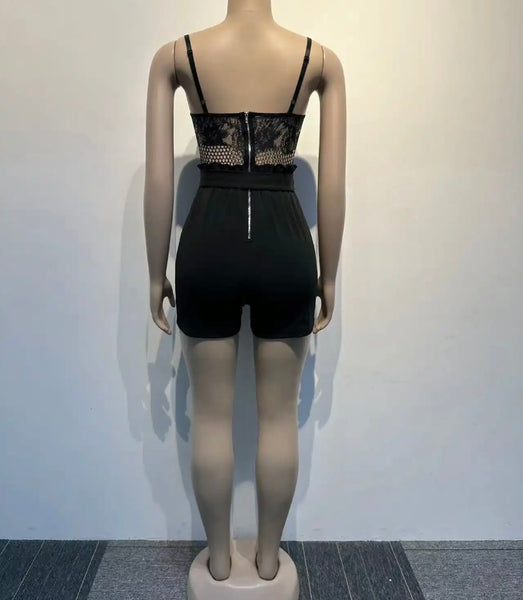 Women Lace Patchwork Tie Up Sexy Sleeveless Romper