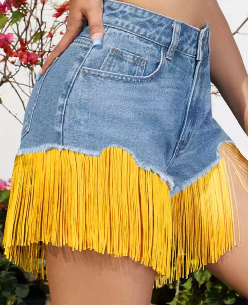 Women Ripped Yellow Tassel Denim Shorts
