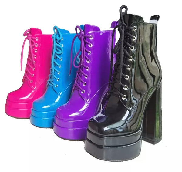 Women Patent Leather Lace Up Platform Ankle Boots