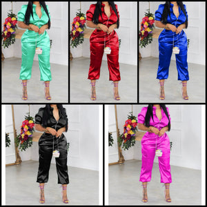 Women Sexy Solid Color Short Sleeve Satin Two Piece Pant Set