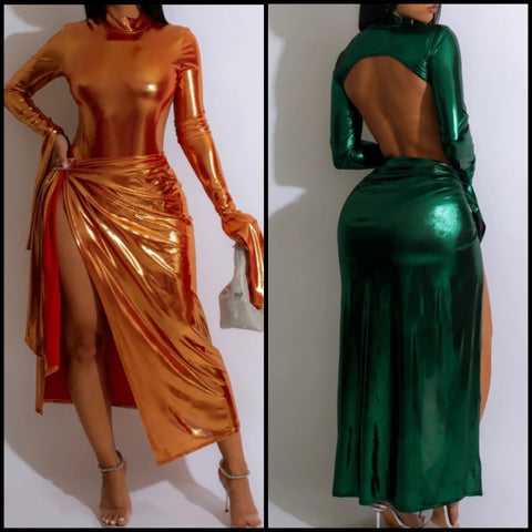 Women Fashion Sexy Metallic Full Sleeve Open Back Bodysuit Two Piece Skirt Set