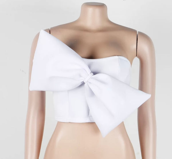 Women Solid Color Fashion Strapless Bow Crop Top