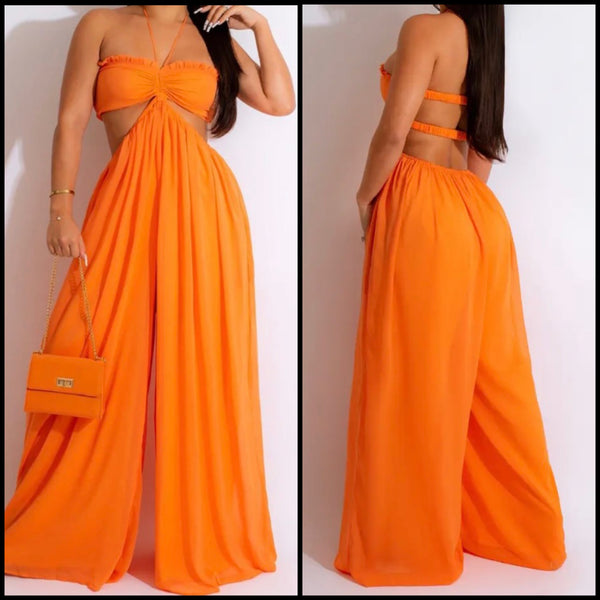 Women Sexy Sleeveless Halter Cut Out Wide Leg Jumpsuit