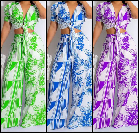 Women Printed Two Piece Short Sleeve Wide Leg Pant Set