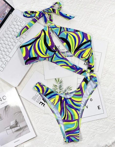 Women Sexy Multicolored Cut Out Swimsuit