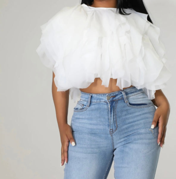 Women Sexy Solid Color Mesh Ruffled Crop Top