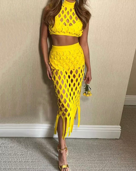 Women Sexy Sleeveless Hollow Out Crop Two Piece Tassel Skirt Set