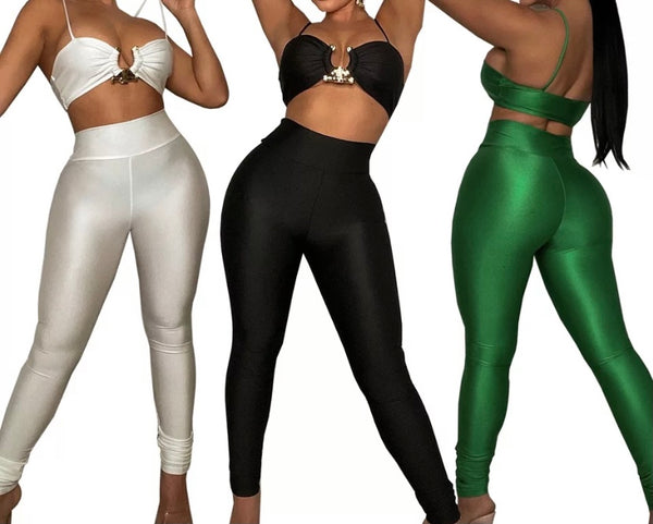 Women Sexy Solid Color Metal Crop Two Piece Pant Set