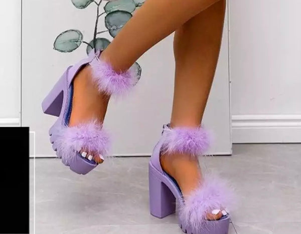 Women Feather Thick Heel Platform Sandals