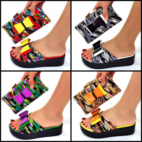 Women Multicolored Print Platform Slide On Sandals Handbag Set