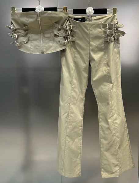 Women Sexy Buckled Strapless Crop Two Piece Pant Set