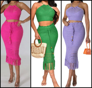 Women Sexy Knitted Halter Two Piece Fringe Skirt Set