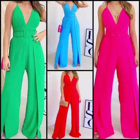 Women Fashion Sleeveless Solid Color Belted Wide Leg Jumpsuit