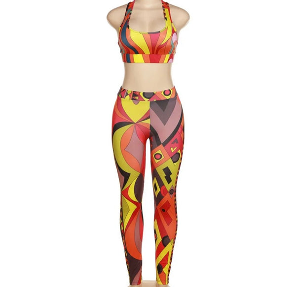Women Sexy Sleeveless Multicolored Print Crop Two Piece Pant Set