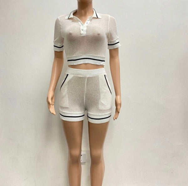 Women Sexy See Through Short Sleeve Two Piece Short Set