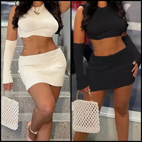 Women Sexy Crop Two Piece Ribbed Skirt Set
