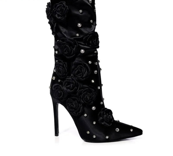 Women Fashion Black Rhinestone Rose Over The Knee Boots