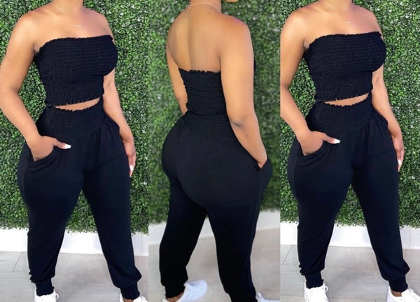 Women Sexy Solid Color Two Piece Strapless Crop Pant Set