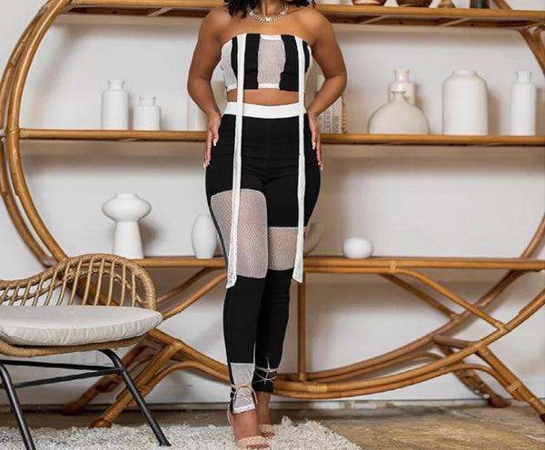 Women Sexy Mesh Patchwork Strapless Two Piece Pant Set