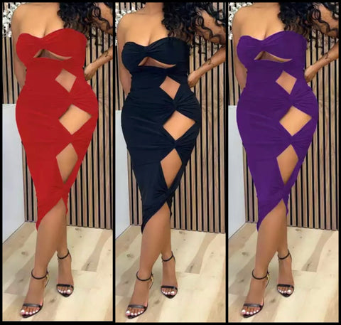 Women Sexy Solid Color Strapless Cut Out Dress