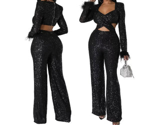 Women Sexy Sequins Cut Out Full Feather Sleeve Jumpsuit