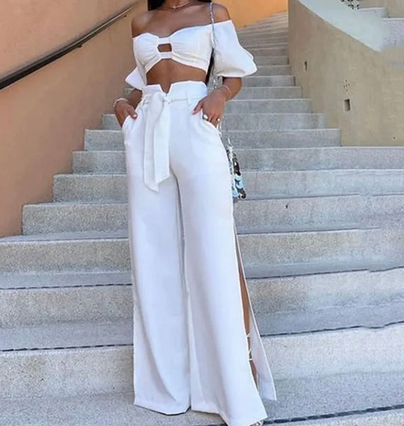 Women White Sexy Off The Shoulder Crop Two Piece Pant Set