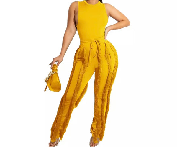 Women Sleeveless Fashion Solid Color Two Piece Fringe Pant Set