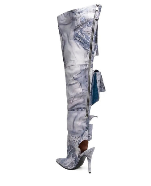 Women Fashion Printed Pocket Over The Knee Boots
