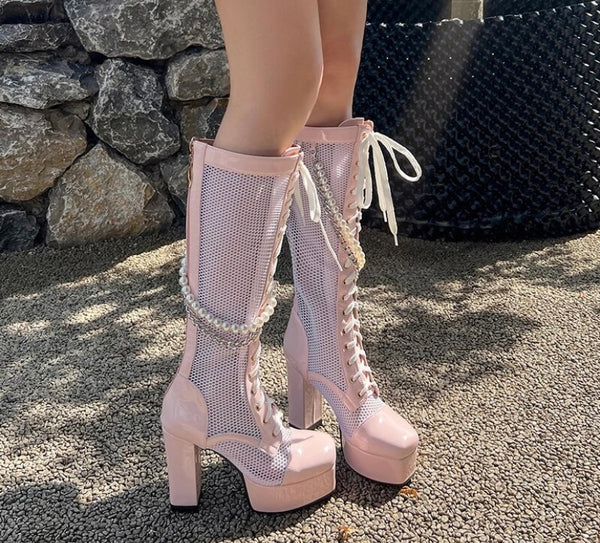Women Fashion Mesh Patchwork Pearl Chain Knee High Boots