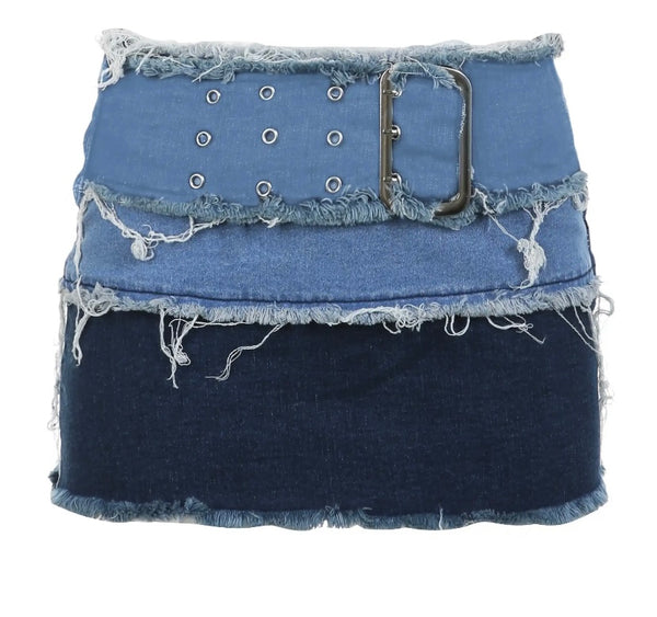 Women Buckled Strapless Color Patchwork Denim Two Piece Skirt Set