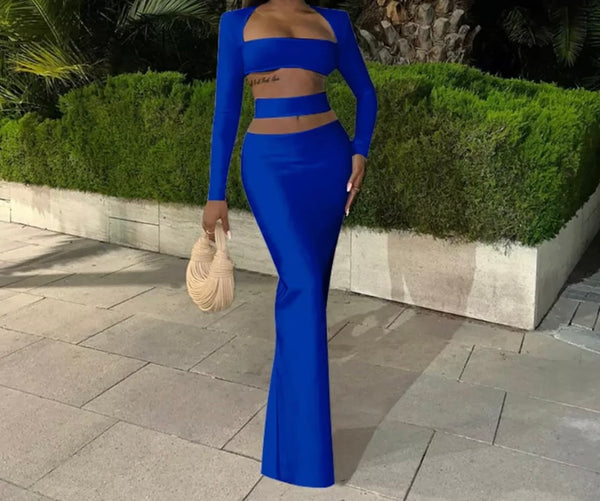 Women Sexy Two Piece Cut Out Full Sleeve Maxi Skirt Set