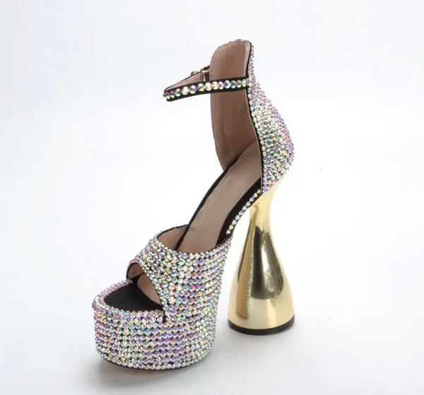 Women Platform Rhinestone Gold High Heel Sandals