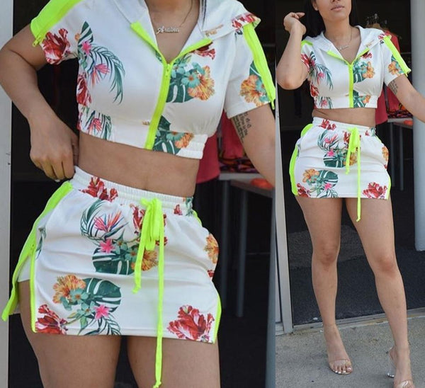 Women Fashion Neon Floral Print Hooded Two Piece Skirt Set