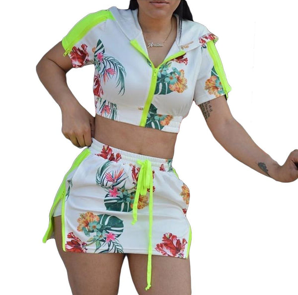Women Fashion Neon Floral Print Hooded Two Piece Skirt Set