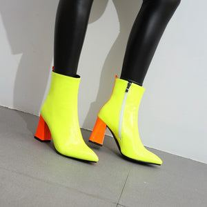 Women Fashion Neon PU Leather Square Heel Ankle Boots