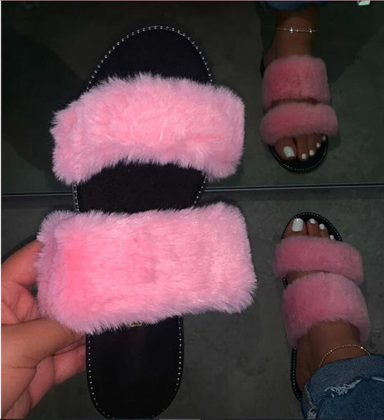 Women Fashion Faux Fur Slide-On Casual Sandals
