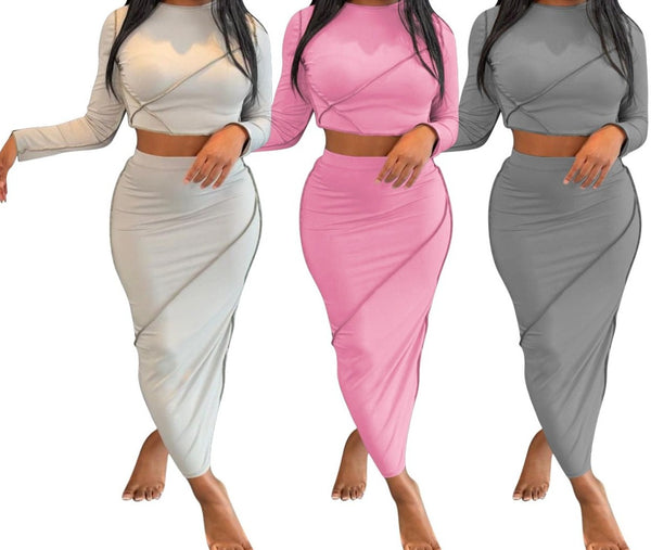 Women Full Sleeve Crop Two Piece Solid Color Maxi Skirt Set